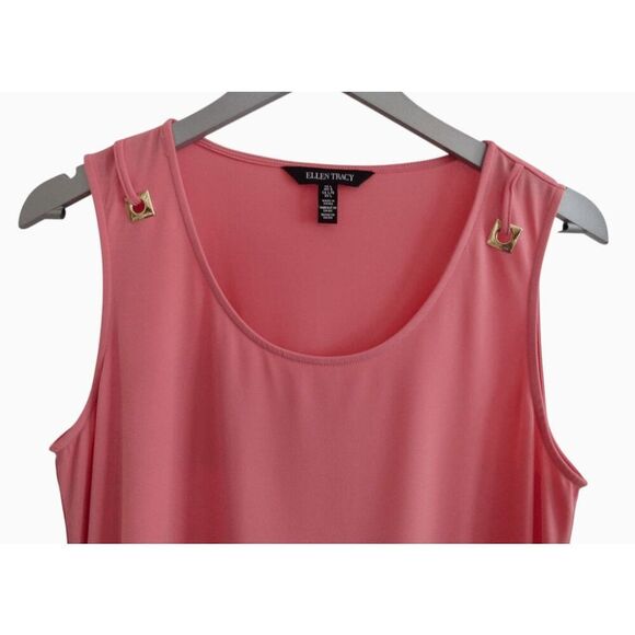 ELLEN TRACY Women's Mixed Media Handkerchief Hem Tank Coral L - Picture 2 of 5